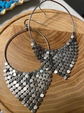 Silver Hexagon Chainmail Hoop Earrings - Women Jewelry
